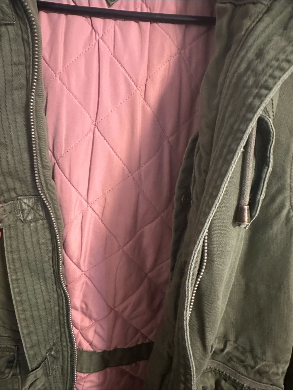 Tommy Hilfiger Olive Green Hooded Utility Jacket Pink Quilted Lining Size Medium - Picture 4 of 9